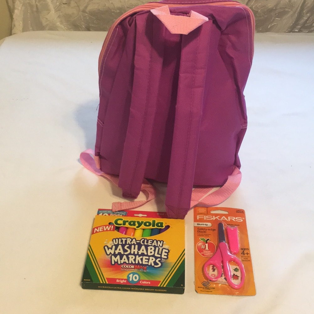 Backpack Pink hearts Girl’s back To School With Markers, scissors & 2 extras NEW - Picture 3 of 4
